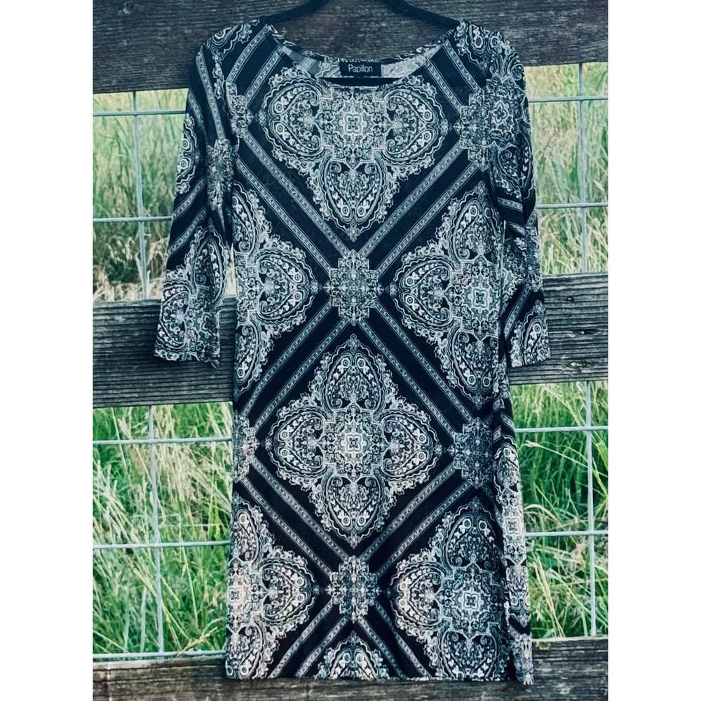 Papillon Womens Black White Paisley Medallion 3/4 Sleeve Sheath Dress Small